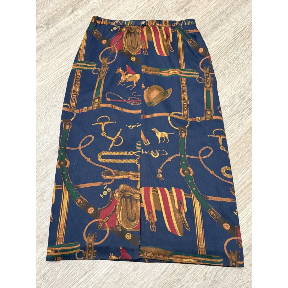Pendleton Petite Equestrian Print Midi Skirt Navy Blue Horse Saddle Rayon Sz 12 - Picture 12 of 12